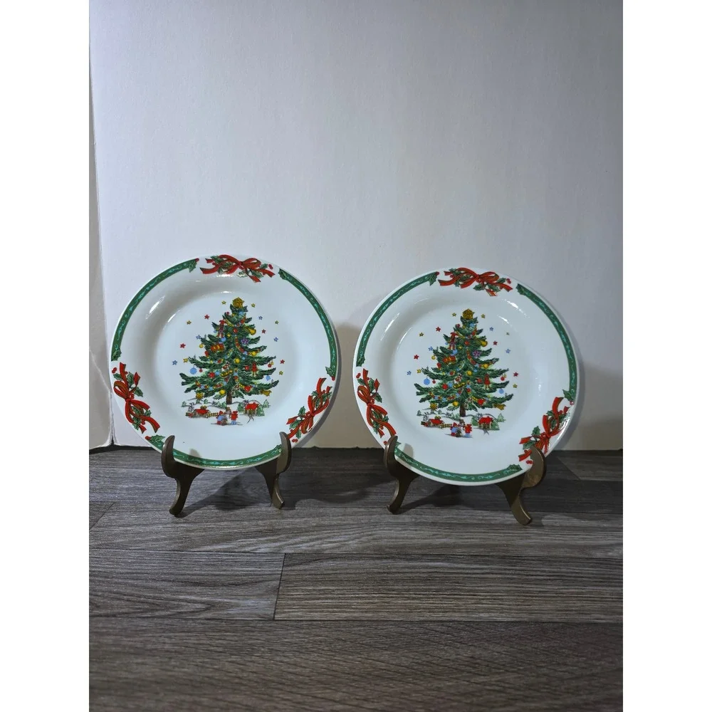 Christmas in the Park Porcelain Side Plates‎ Set of 2 Holiday Tree Ribbon Design